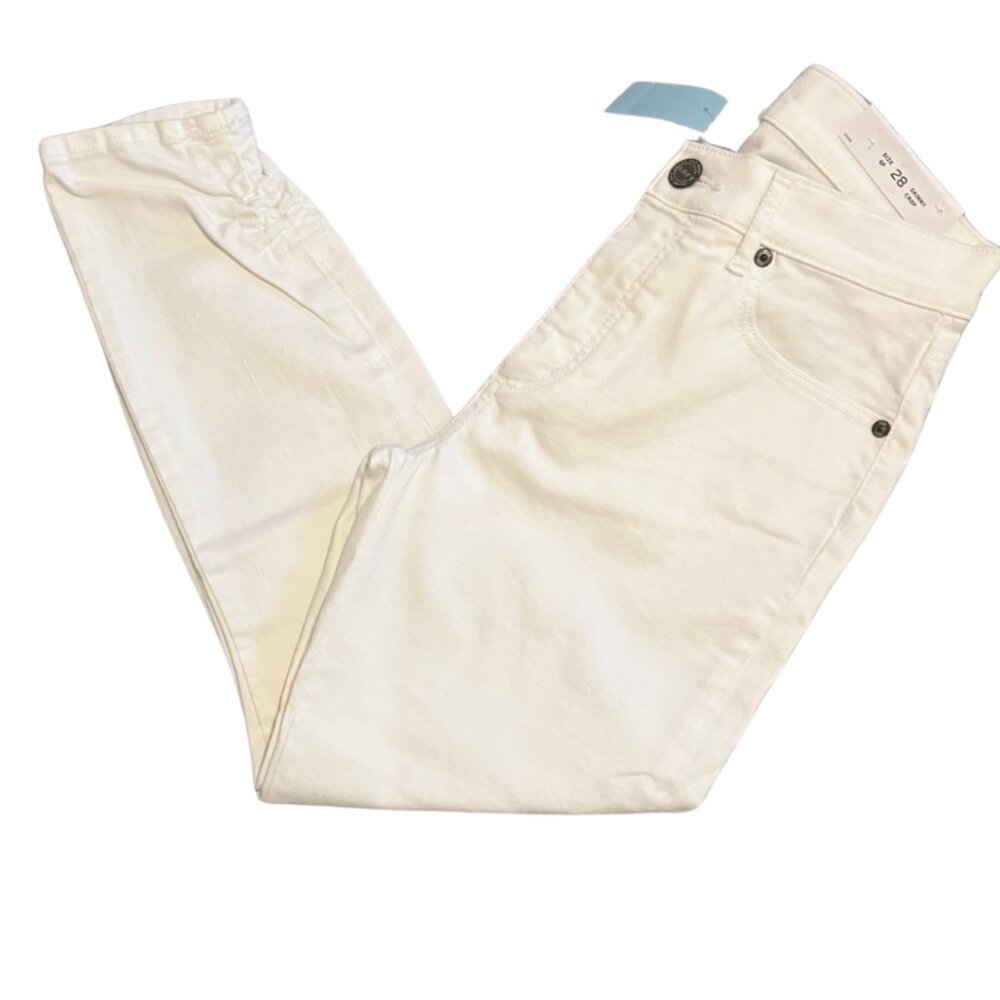 White Skinny Crop Jeans with Ruched Hem